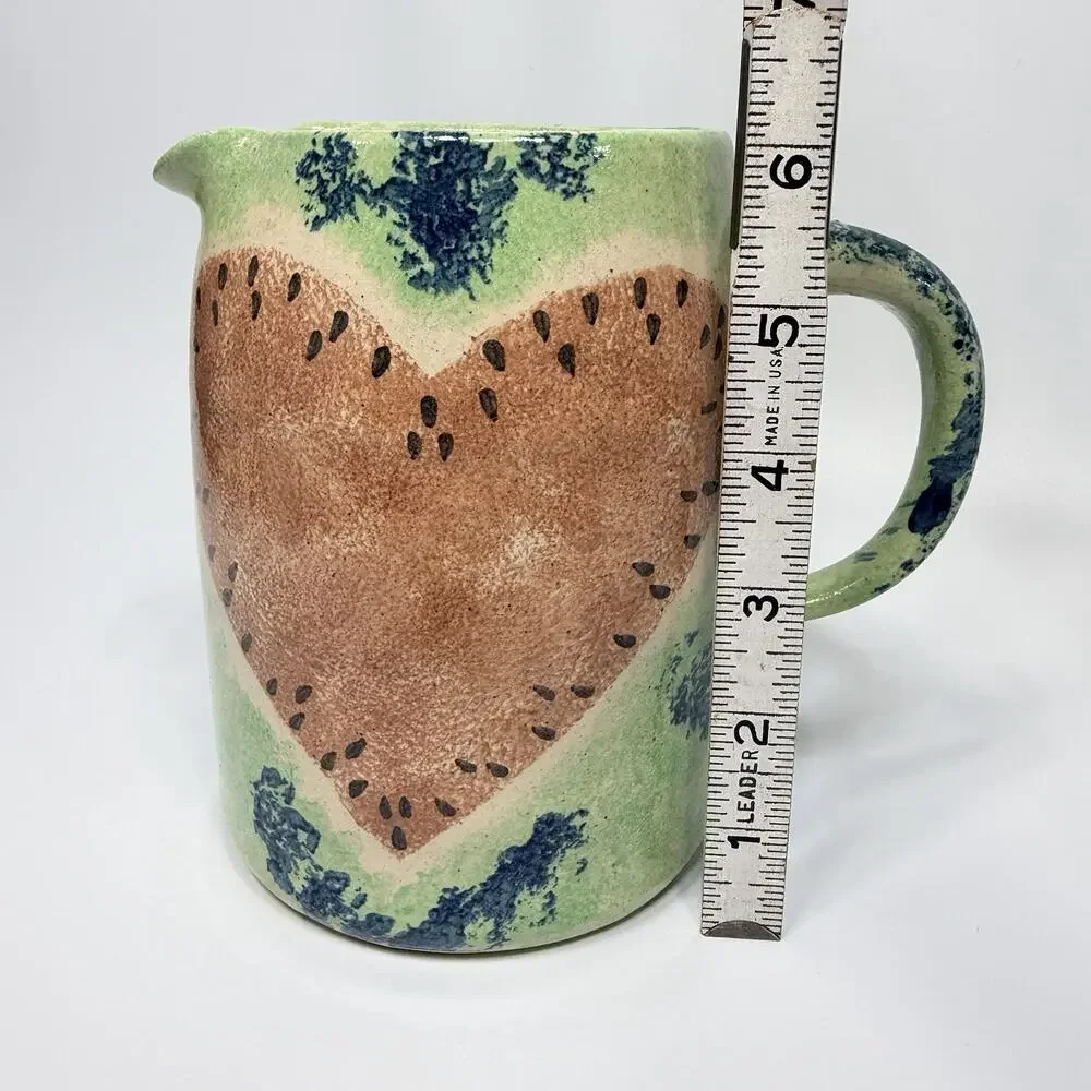 Vtg Spongeware Pottery Watermelon Heart Pitcher Green Red Seeded 6.5” Country